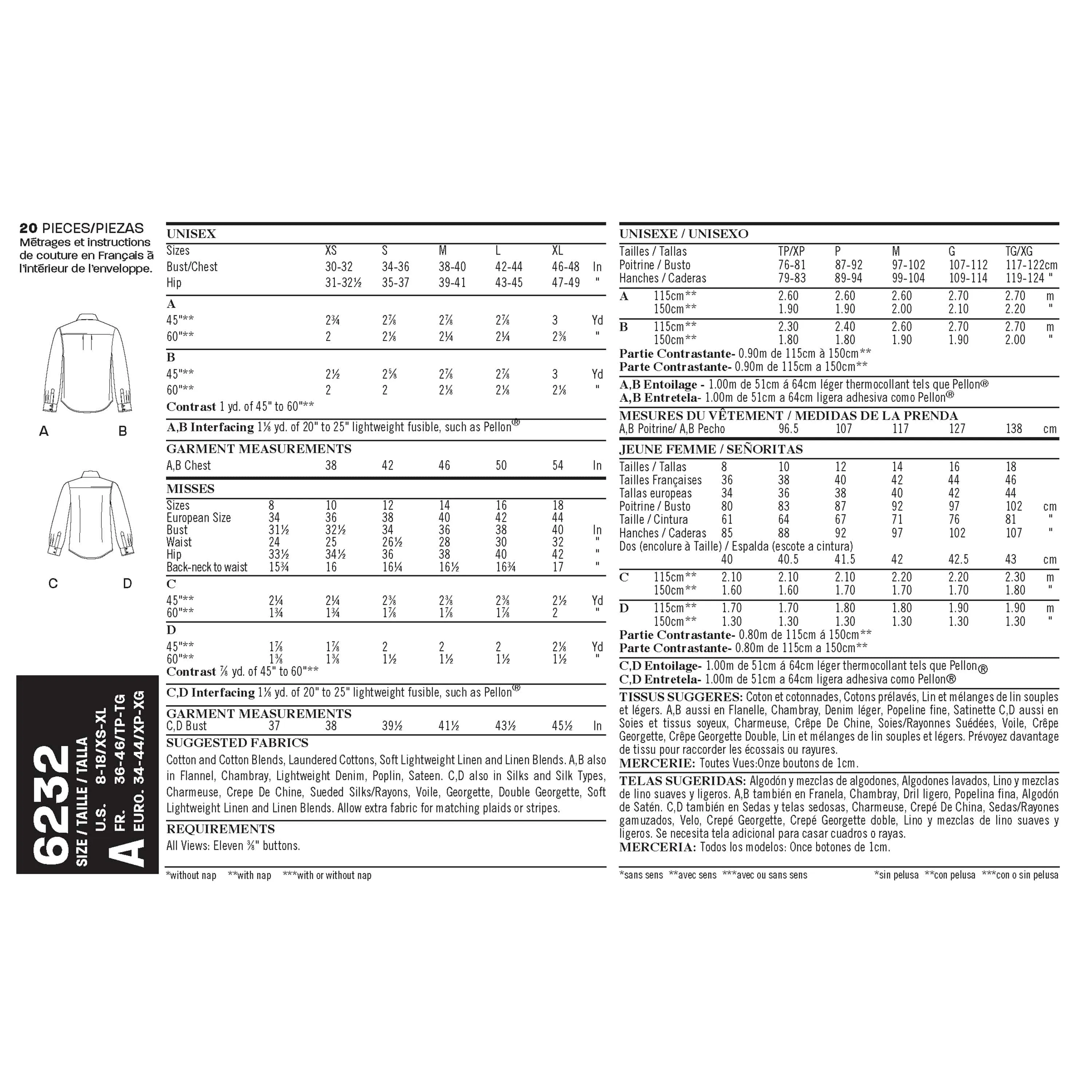 6232 Misses' and Men's Button Down Shirt