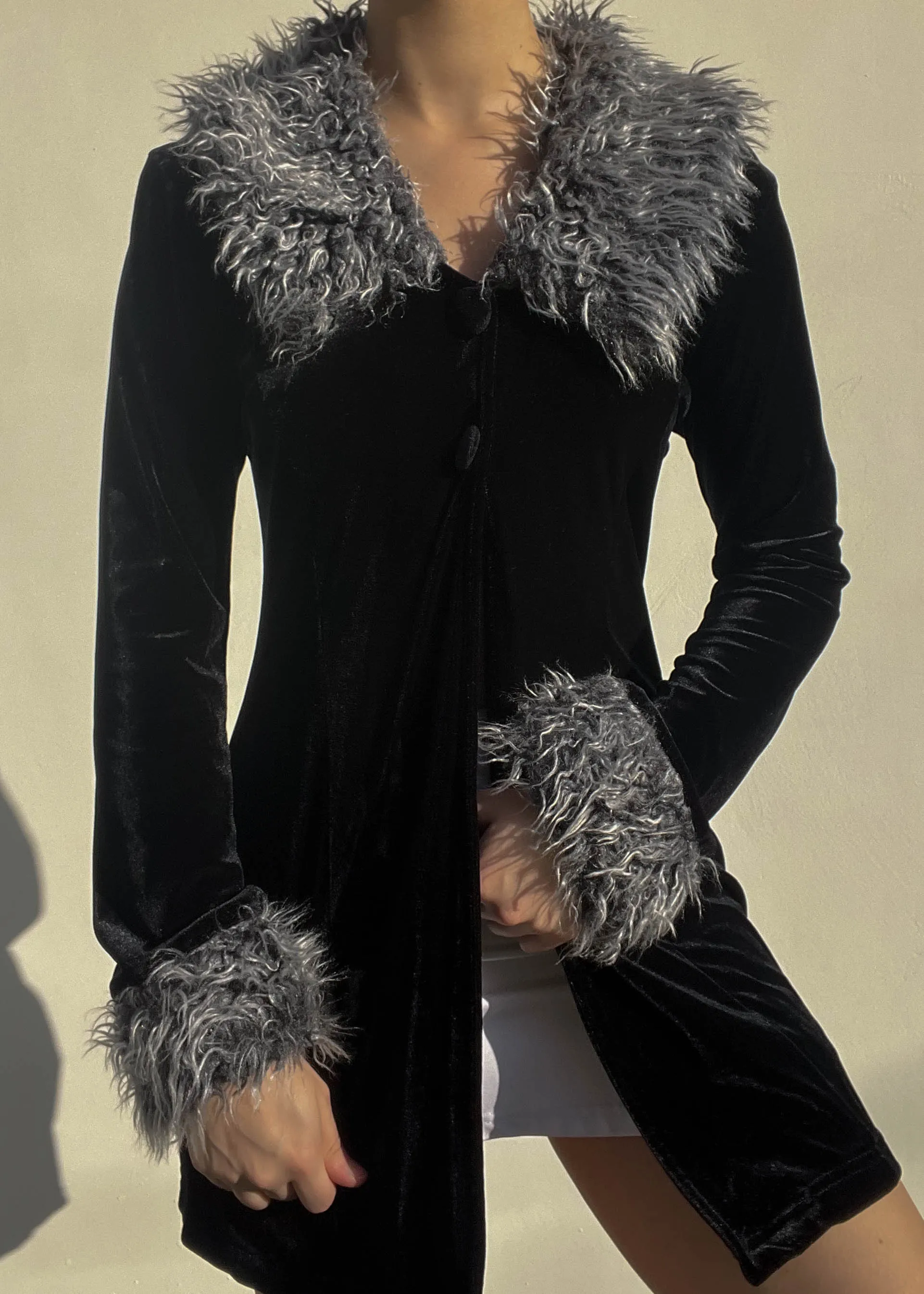 90's Fur Trim Velvet Cardigan (S)