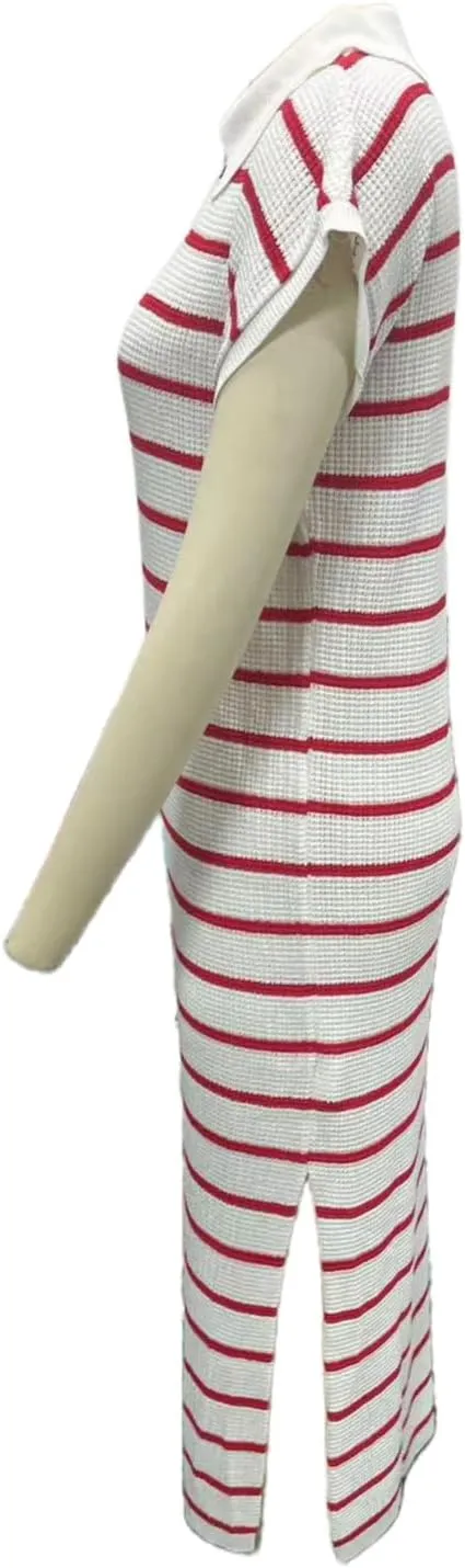 A-Line Short Sleeve Striped Maxi Dress Women's V-Neck Slit Wrap Dress, Casual Shirt Collar Knitted Dress