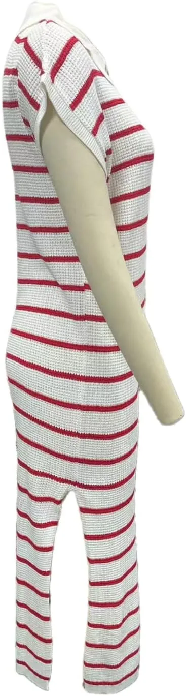 A-Line Short Sleeve Striped Maxi Dress Women's V-Neck Slit Wrap Dress, Casual Shirt Collar Knitted Dress