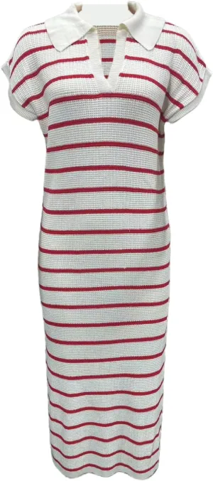 A-Line Short Sleeve Striped Maxi Dress Women's V-Neck Slit Wrap Dress, Casual Shirt Collar Knitted Dress