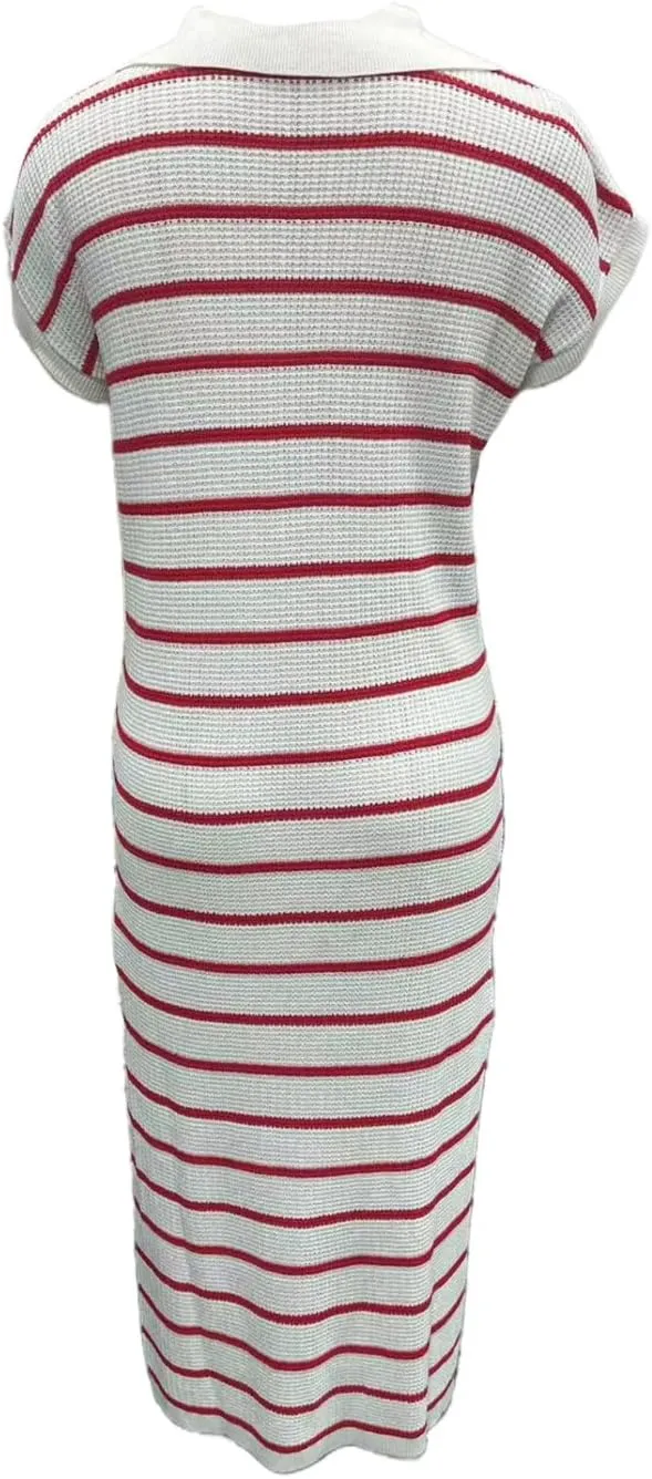 A-Line Short Sleeve Striped Maxi Dress Women's V-Neck Slit Wrap Dress, Casual Shirt Collar Knitted Dress