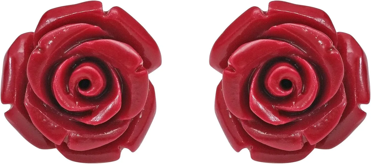 AeraVida Realistic Blooming Carved Red Rose .925 Sterling Silver Earrings