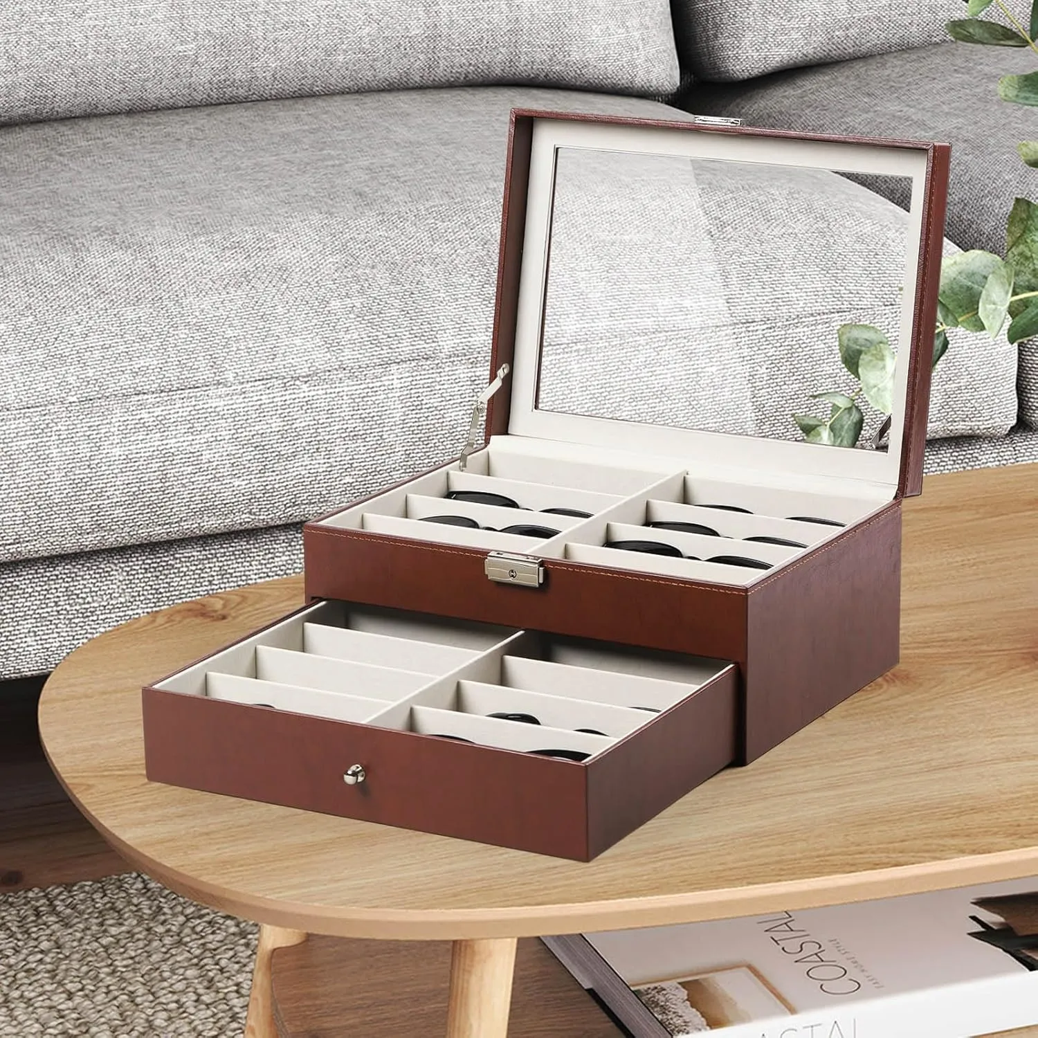 AUTOARK Leather 16 Piece Eyeglasses Storage and Sunglass Glasses Display Drawer Lockable Case Organizer,Brown,MKAW229