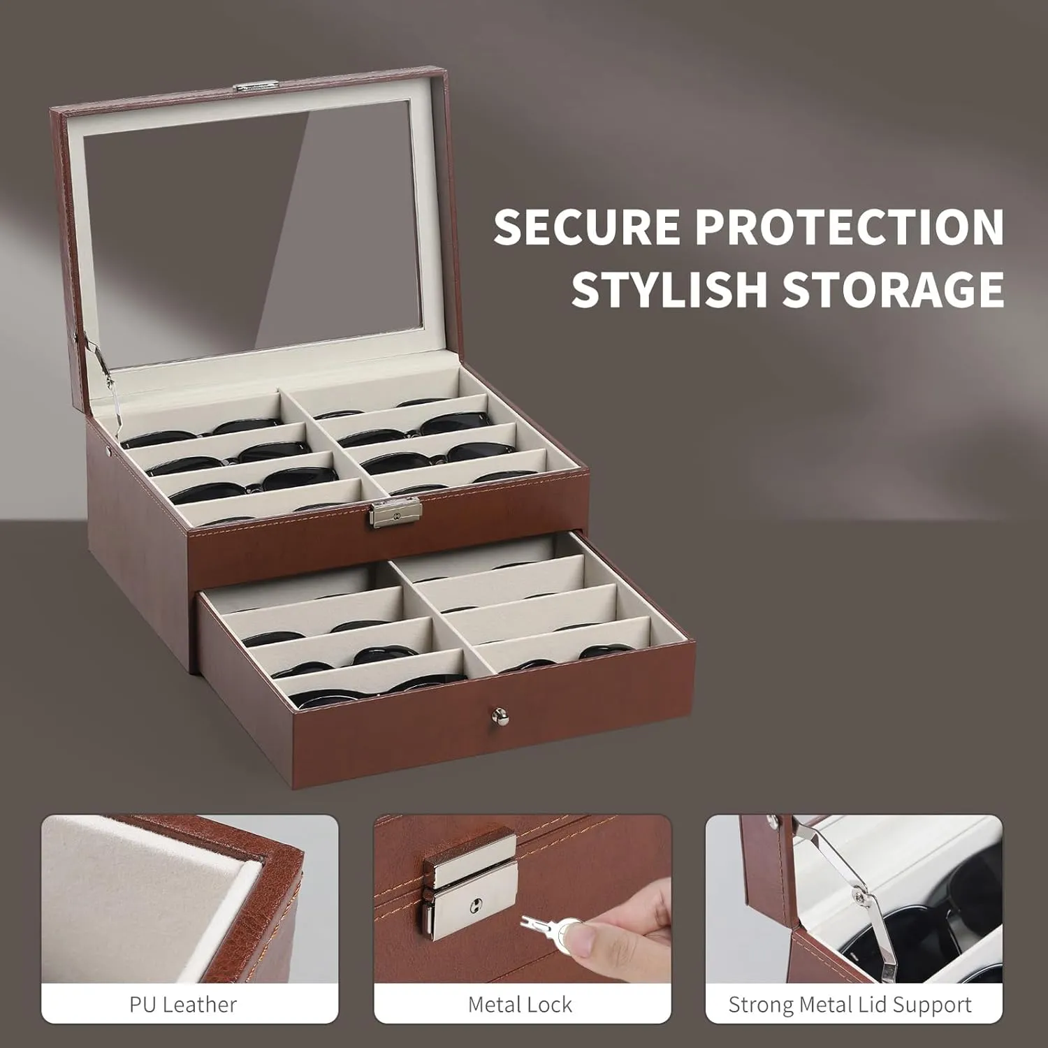 AUTOARK Leather 16 Piece Eyeglasses Storage and Sunglass Glasses Display Drawer Lockable Case Organizer,Brown,MKAW229