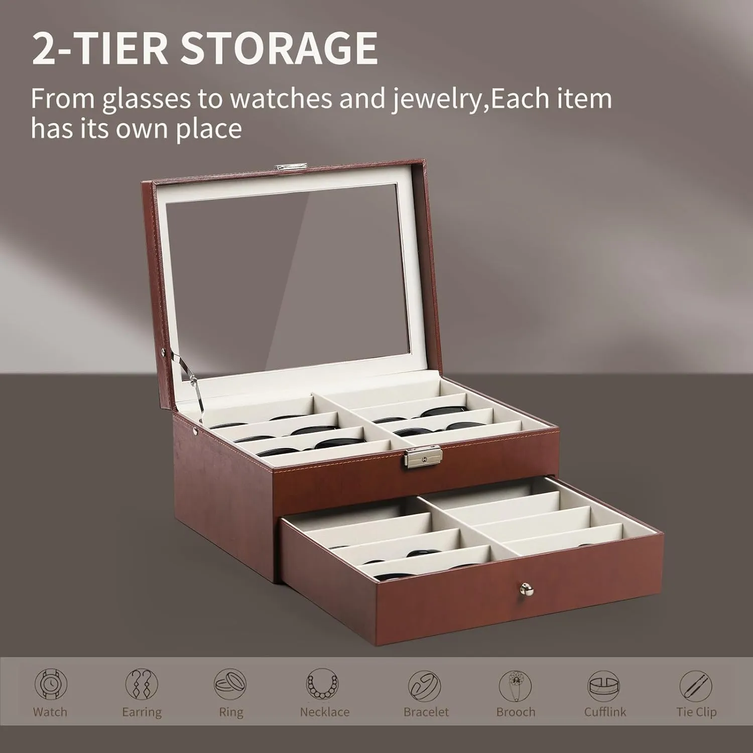 AUTOARK Leather 16 Piece Eyeglasses Storage and Sunglass Glasses Display Drawer Lockable Case Organizer,Brown,MKAW229