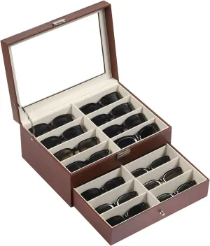 AUTOARK Leather 16 Piece Eyeglasses Storage and Sunglass Glasses Display Drawer Lockable Case Organizer,Brown,MKAW229