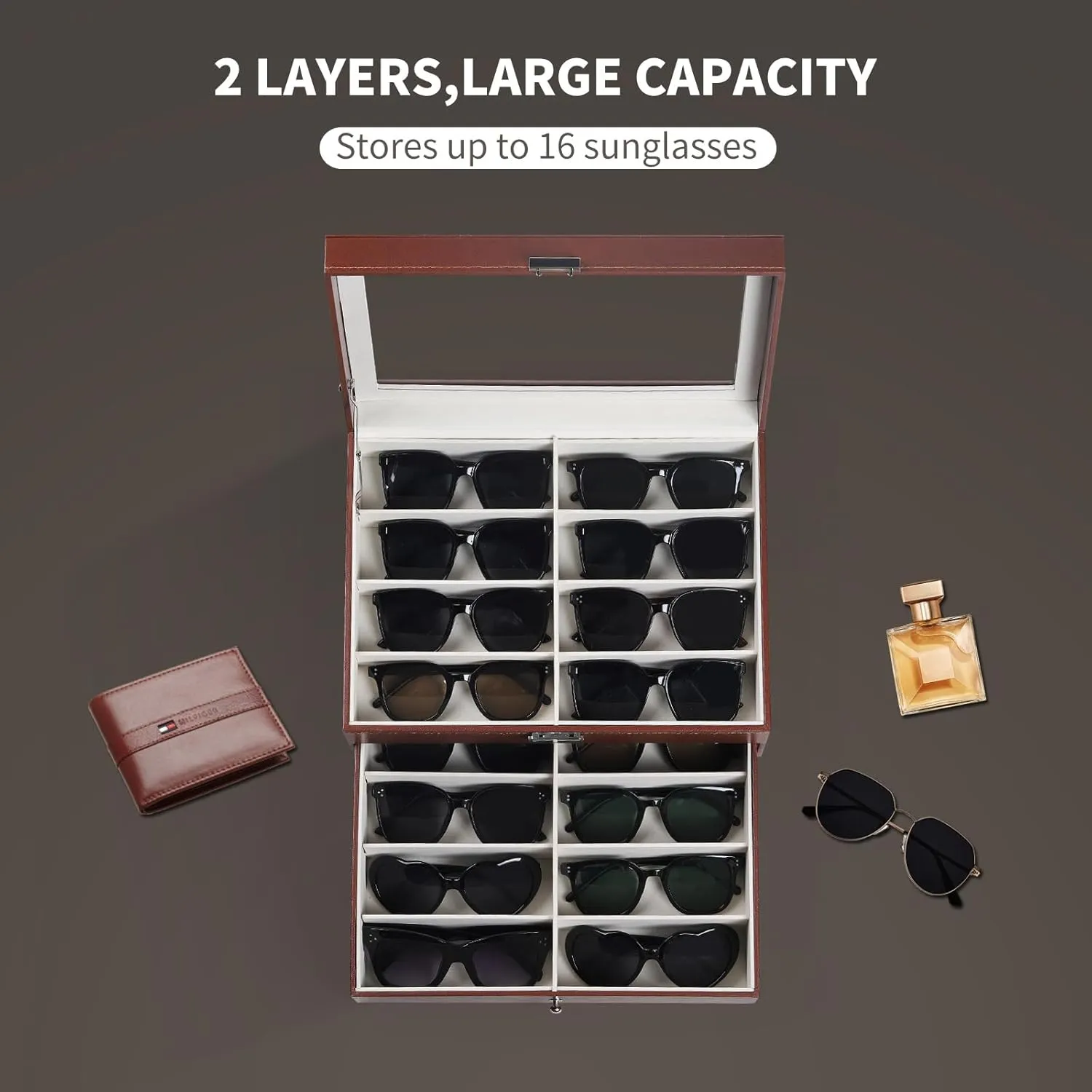 AUTOARK Leather 16 Piece Eyeglasses Storage and Sunglass Glasses Display Drawer Lockable Case Organizer,Brown,MKAW229