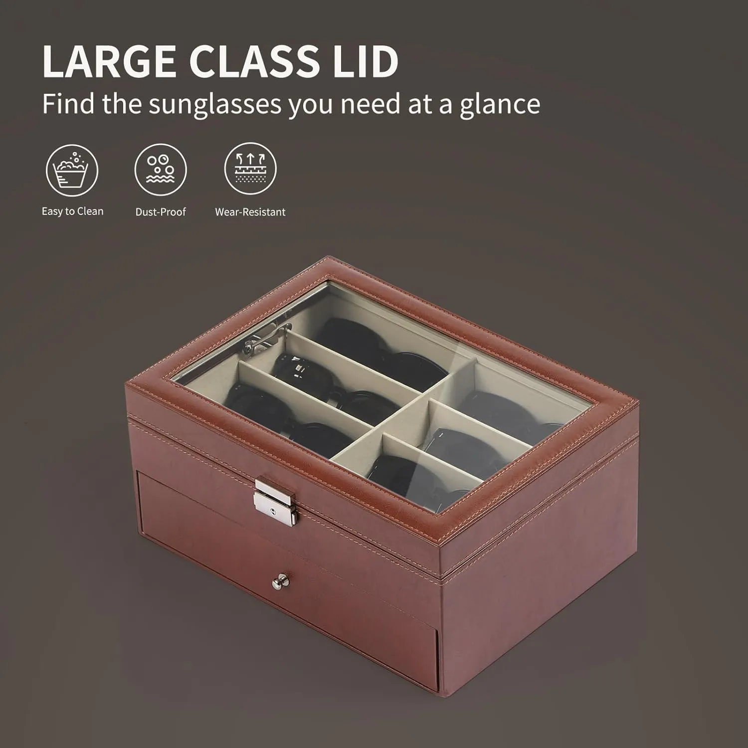 AUTOARK Leather 16 Piece Eyeglasses Storage and Sunglass Glasses Display Drawer Lockable Case Organizer,Brown,MKAW229