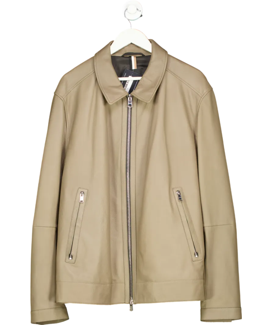 BOSS Green Olive Grey/green Nappa Leather Zip Jacket 48R UK XXXL