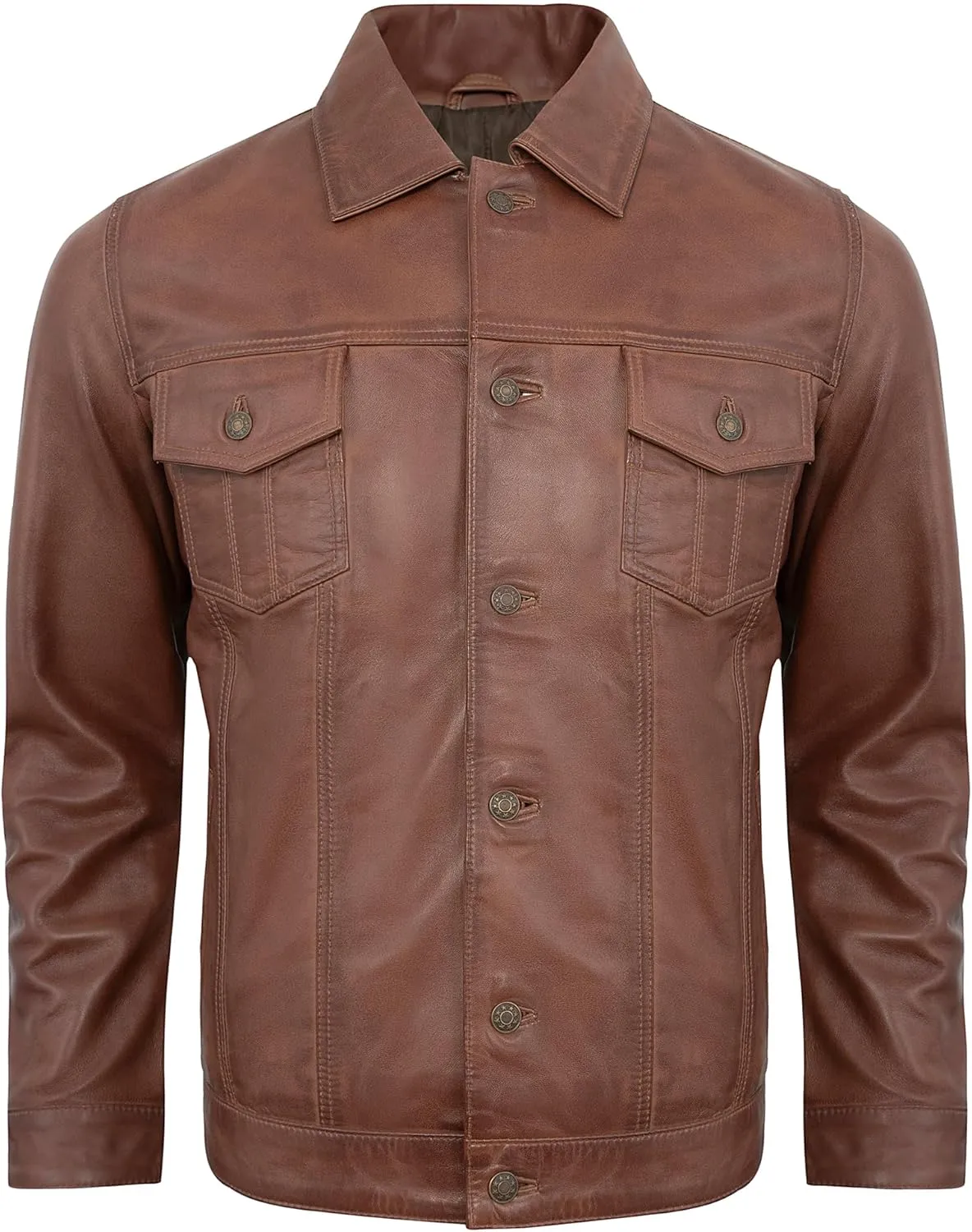 Casual Real Lambskin Vintage Style Outwear Mens Leather Jackets - Turn Down Collar Leather Trucker Jacket Men