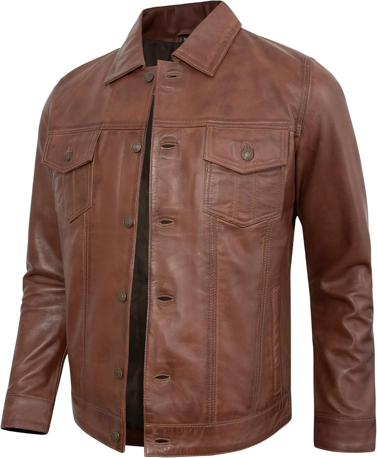 Casual Real Lambskin Vintage Style Outwear Mens Leather Jackets - Turn Down Collar Leather Trucker Jacket Men
