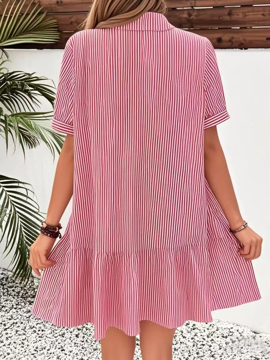 chouyatou Women's Summer Striped Short Sleeve Polo Shirt Dress Button Up Ruffle Hem Tunic Mini Dress with Pockets