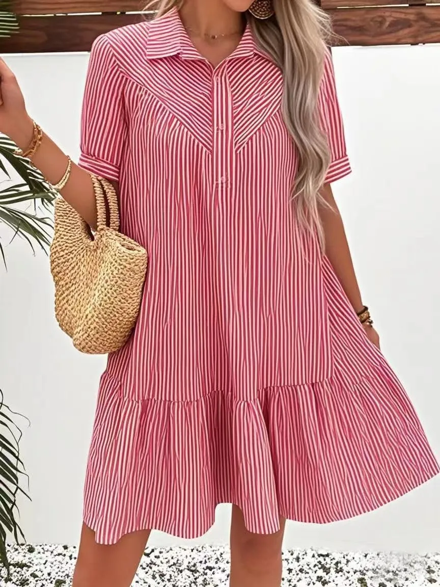chouyatou Women's Summer Striped Short Sleeve Polo Shirt Dress Button Up Ruffle Hem Tunic Mini Dress with Pockets