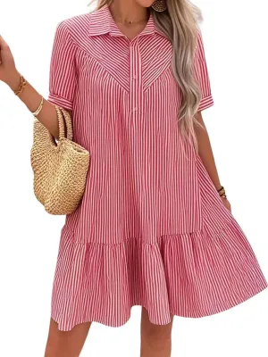 chouyatou Women's Summer Striped Short Sleeve Polo Shirt Dress Button Up Ruffle Hem Tunic Mini Dress with Pockets