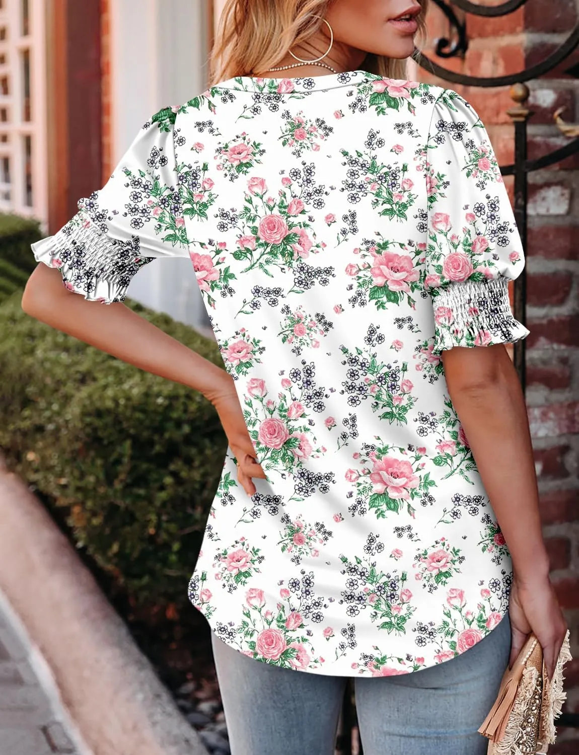 CRAZY GRID Women's Dressy Casual Top Puff Sleeve Summer Shirt Loose Trendy Pleated Blouse