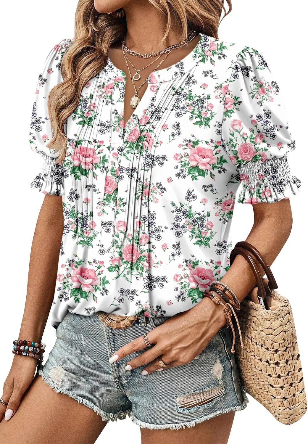 CRAZY GRID Women's Dressy Casual Top Puff Sleeve Summer Shirt Loose Trendy Pleated Blouse