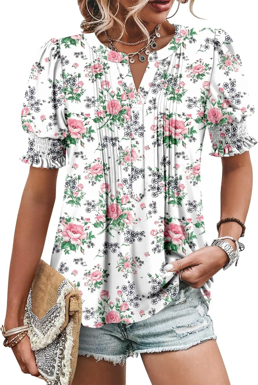 CRAZY GRID Women's Dressy Casual Top Puff Sleeve Summer Shirt Loose Trendy Pleated Blouse
