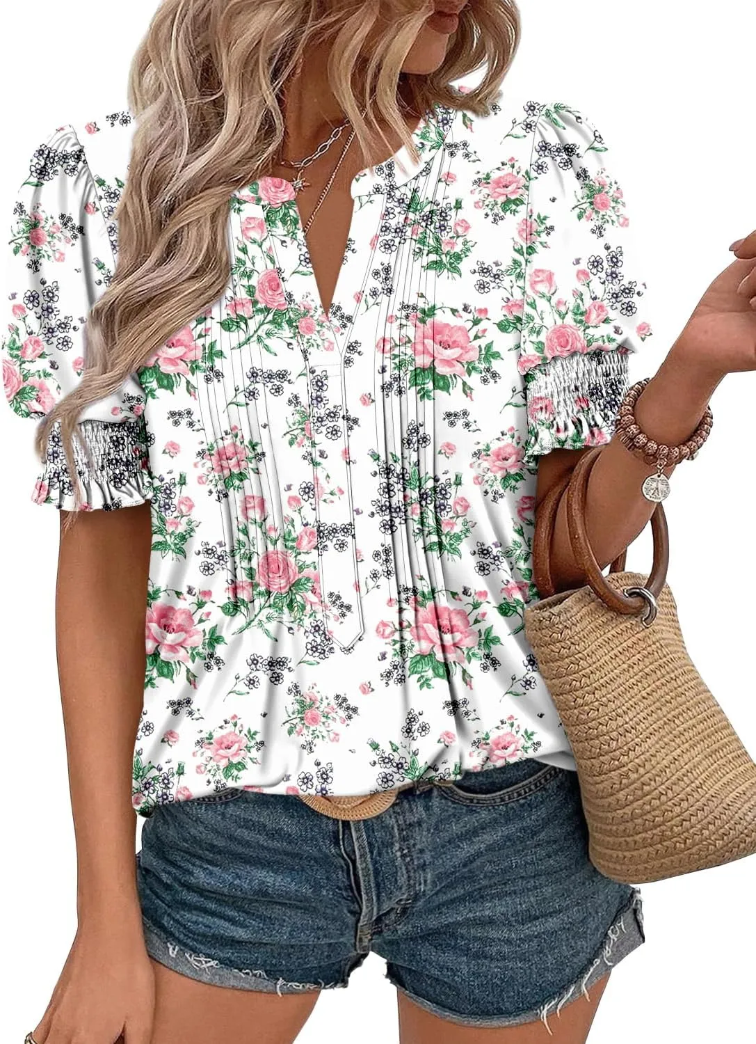 CRAZY GRID Women's Dressy Casual Top Puff Sleeve Summer Shirt Loose Trendy Pleated Blouse