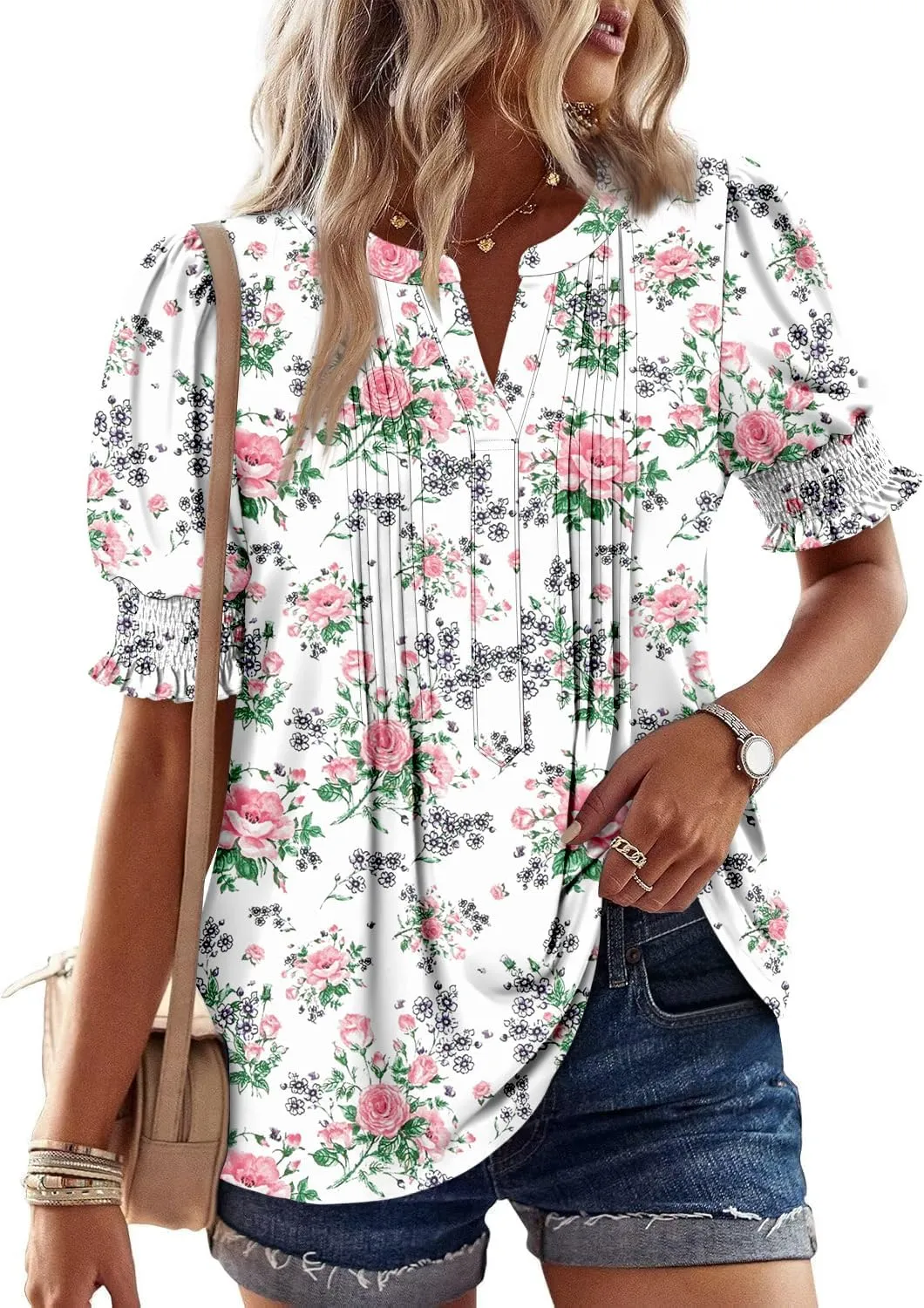 CRAZY GRID Women's Dressy Casual Top Puff Sleeve Summer Shirt Loose Trendy Pleated Blouse