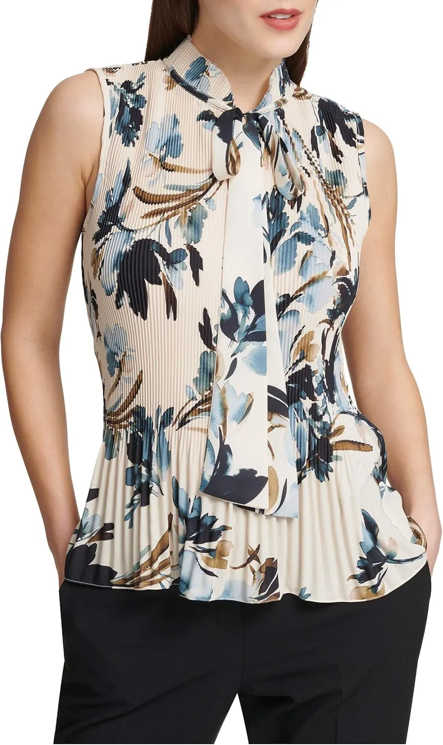 DKNY Women's Sleeveless Neck Tie Blouse