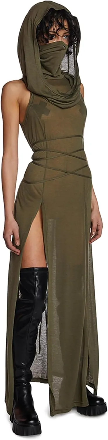 Dolls Kill Echo Hooded Slit Maxi Dress by Darker WAVS - Semi-Sheer Marled Jersey Dress with Draped Hood for Edgy Fashion - Green, X-Large