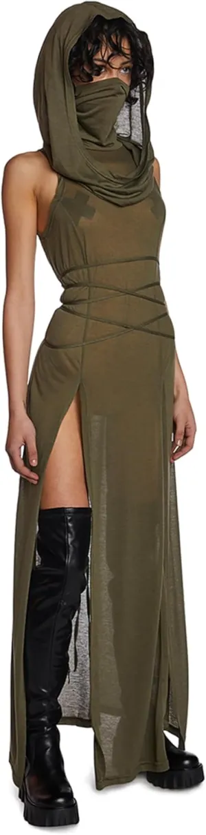 Dolls Kill Echo Hooded Slit Maxi Dress by Darker WAVS - Semi-Sheer Marled Jersey Dress with Draped Hood for Edgy Fashion - Green, X-Large