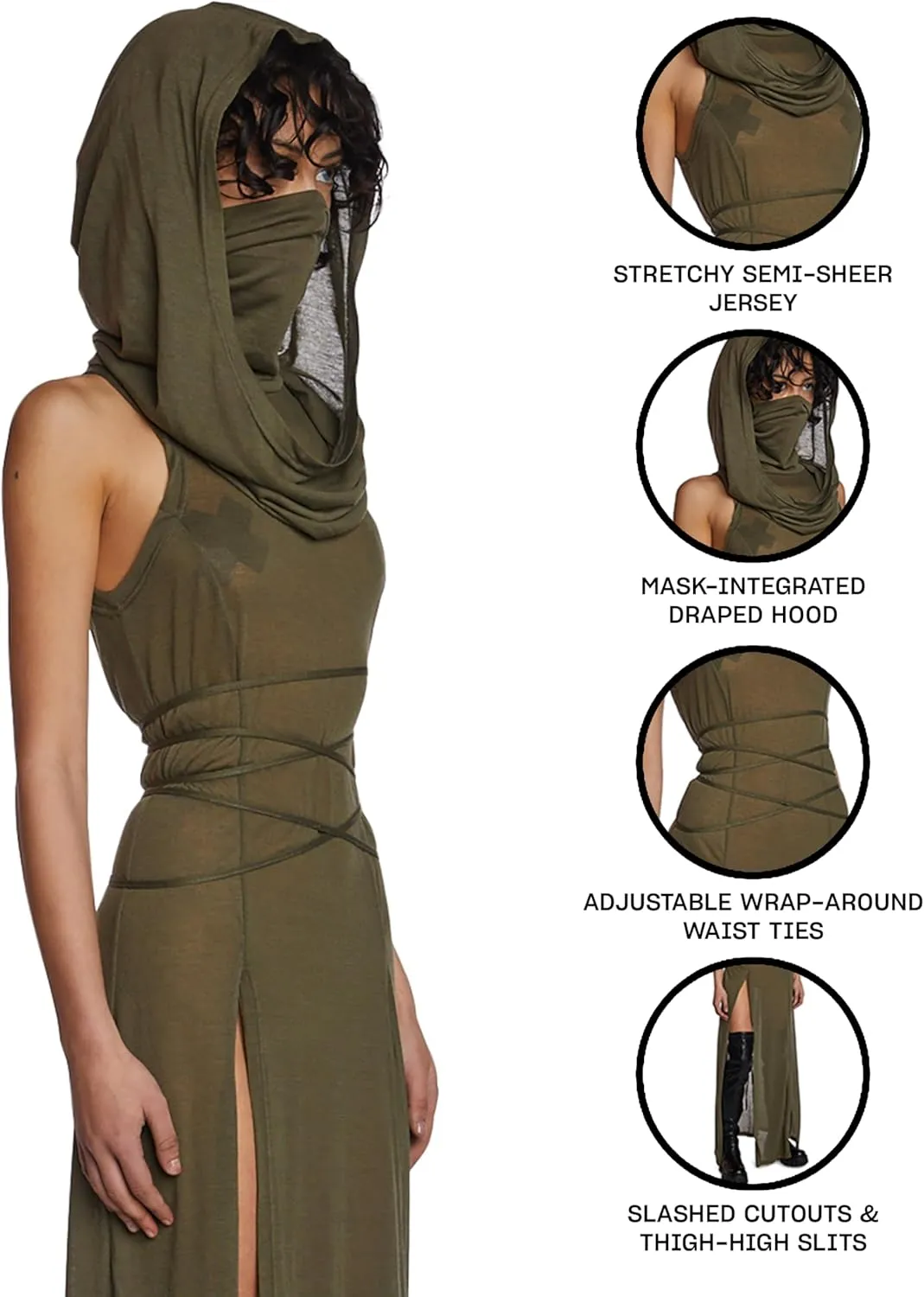 Dolls Kill Echo Hooded Slit Maxi Dress by Darker WAVS - Semi-Sheer Marled Jersey Dress with Draped Hood for Edgy Fashion - Green, X-Large