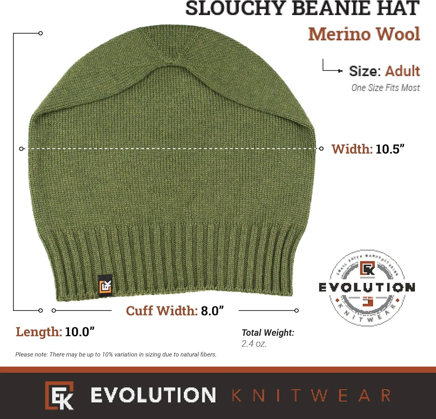 Evolution Knitwear Wool Slouchy Knit Beanie Hat for Men or Women - Super Soft Merino Wool - Made in The USA