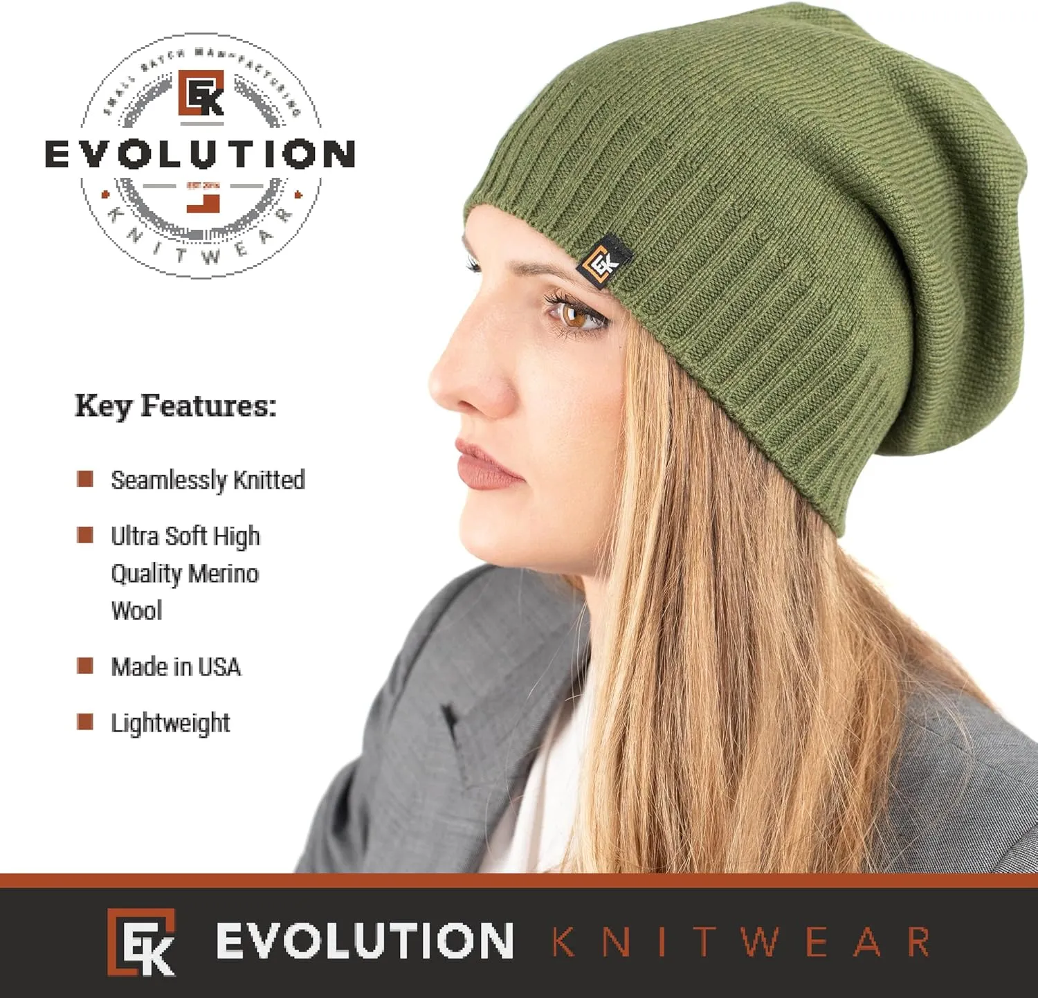 Evolution Knitwear Wool Slouchy Knit Beanie Hat for Men or Women - Super Soft Merino Wool - Made in The USA