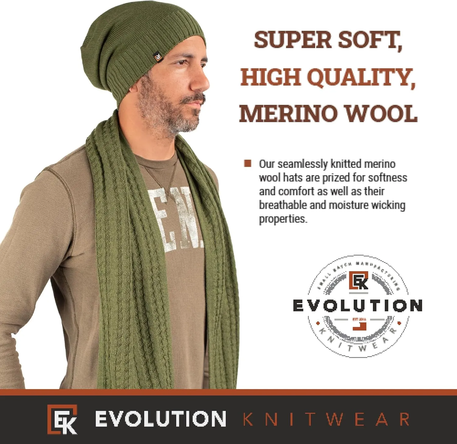 Evolution Knitwear Wool Slouchy Knit Beanie Hat for Men or Women - Super Soft Merino Wool - Made in The USA