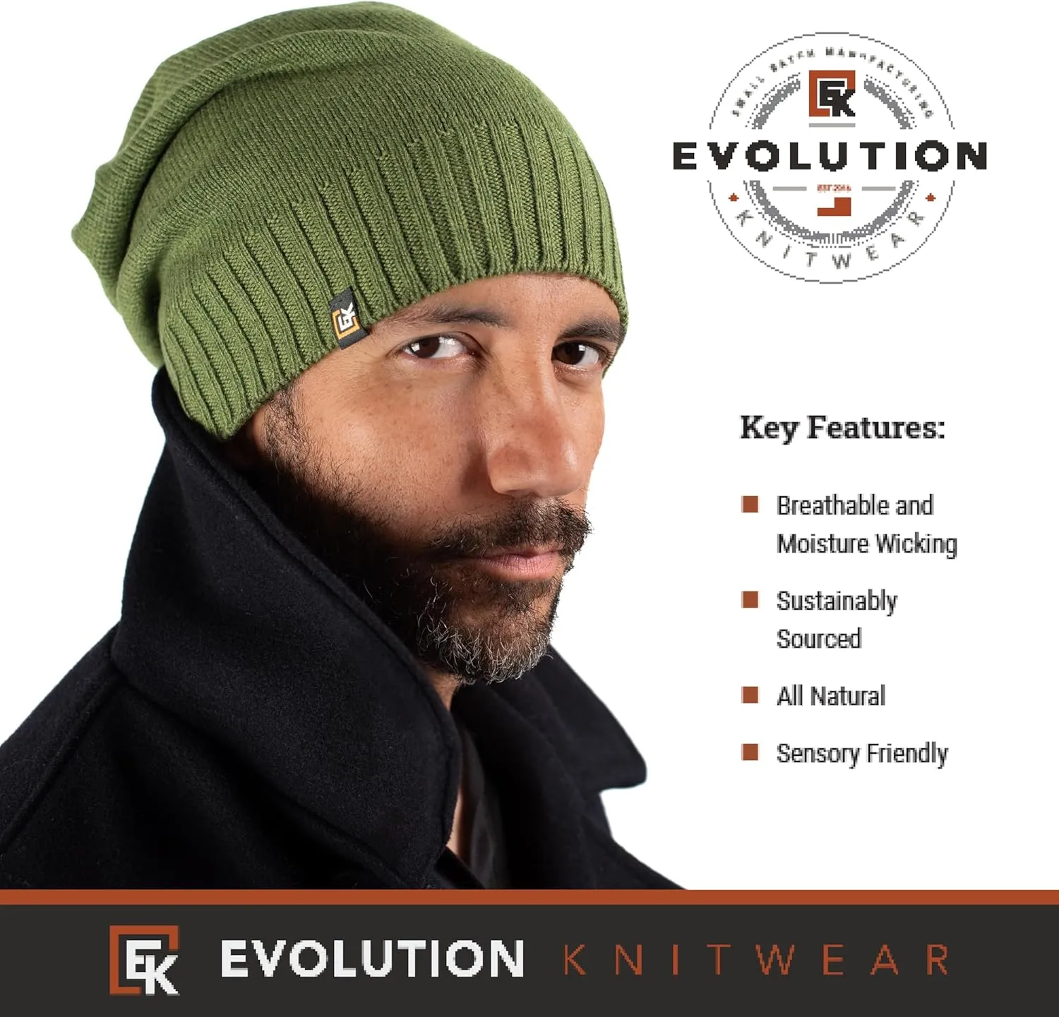 Evolution Knitwear Wool Slouchy Knit Beanie Hat for Men or Women - Super Soft Merino Wool - Made in The USA