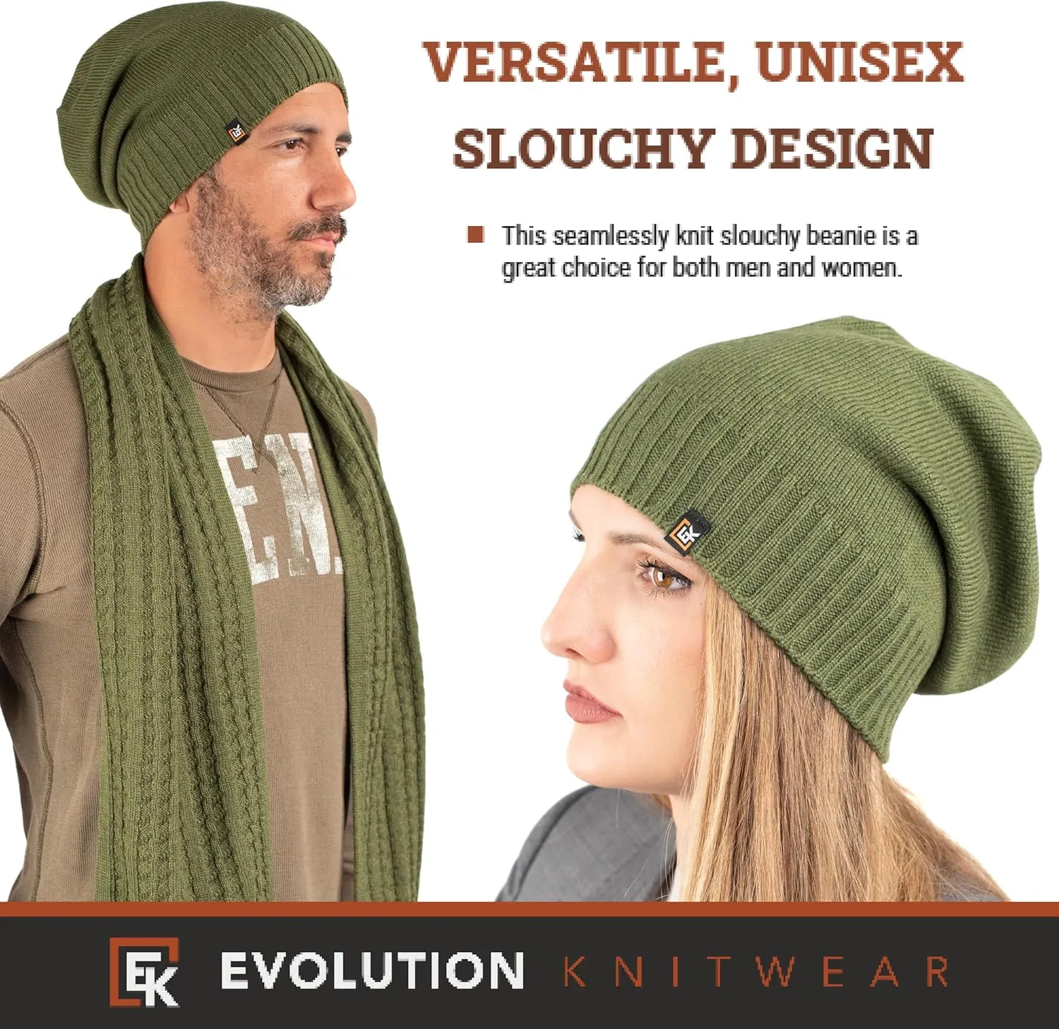 Evolution Knitwear Wool Slouchy Knit Beanie Hat for Men or Women - Super Soft Merino Wool - Made in The USA