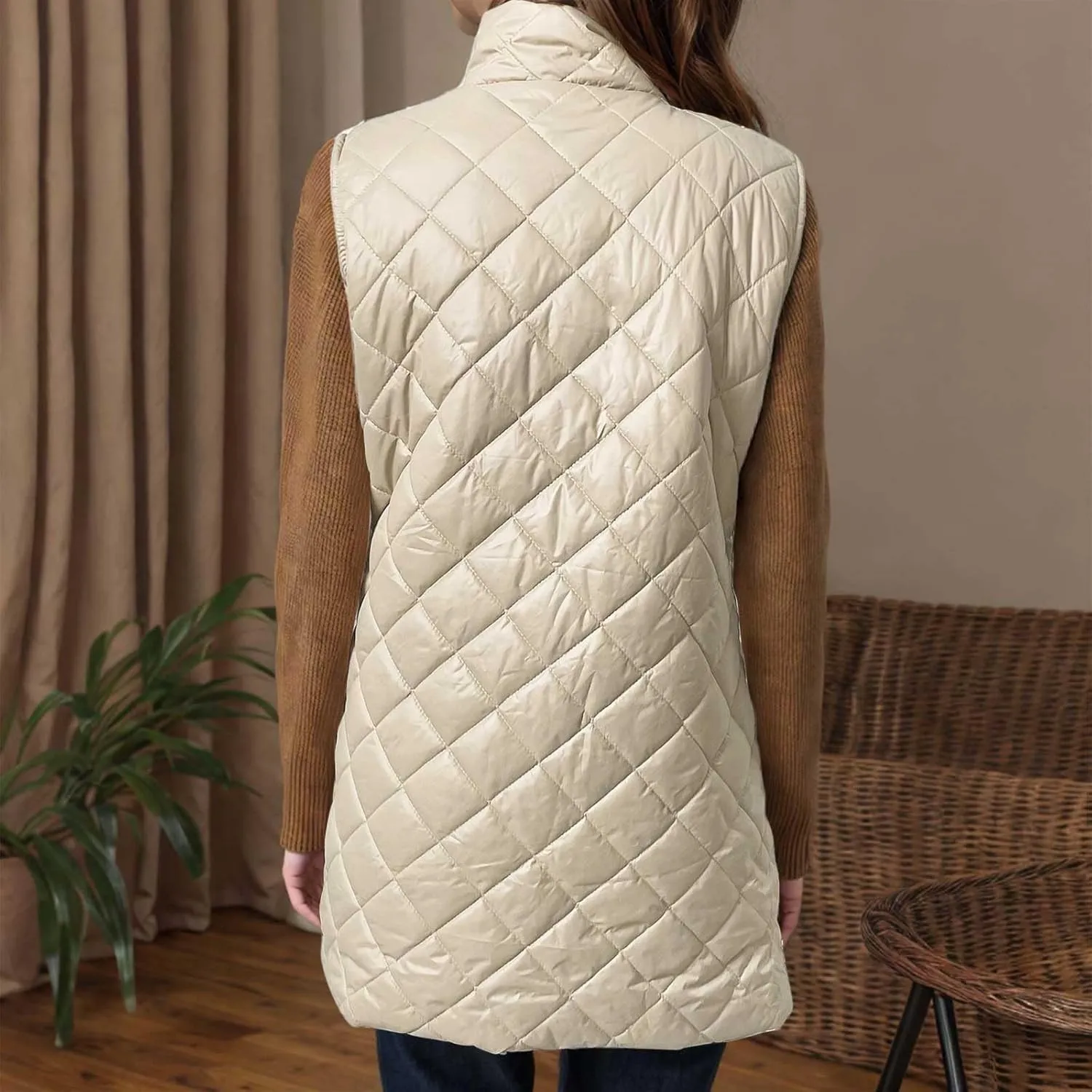 fartey Quilted Vest Women 2024 Sleeveless Puffer Vest Jackets Zip Up Stand Collar Gilet Coats Outwear Witt Pockets