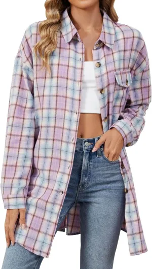 Flannel Plaid Shirts for Women Oversized Button Down Lapel Blouse Tops Long Sleeve Loose Casual Jackets with Pockets
