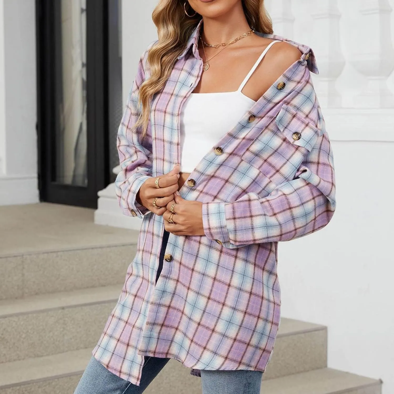 Flannel Plaid Shirts for Women Oversized Button Down Lapel Blouse Tops Long Sleeve Loose Casual Jackets with Pockets