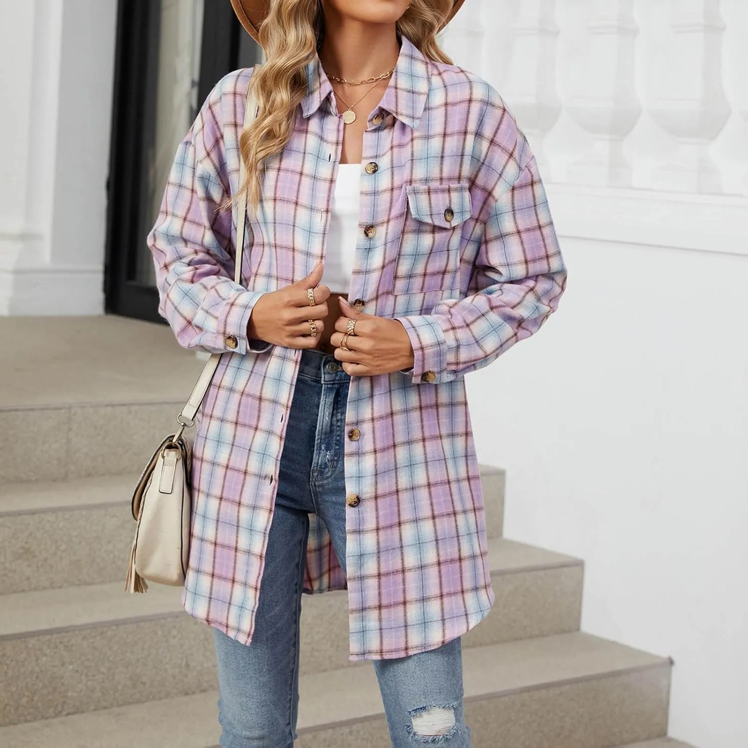 Flannel Plaid Shirts for Women Oversized Button Down Lapel Blouse Tops Long Sleeve Loose Casual Jackets with Pockets