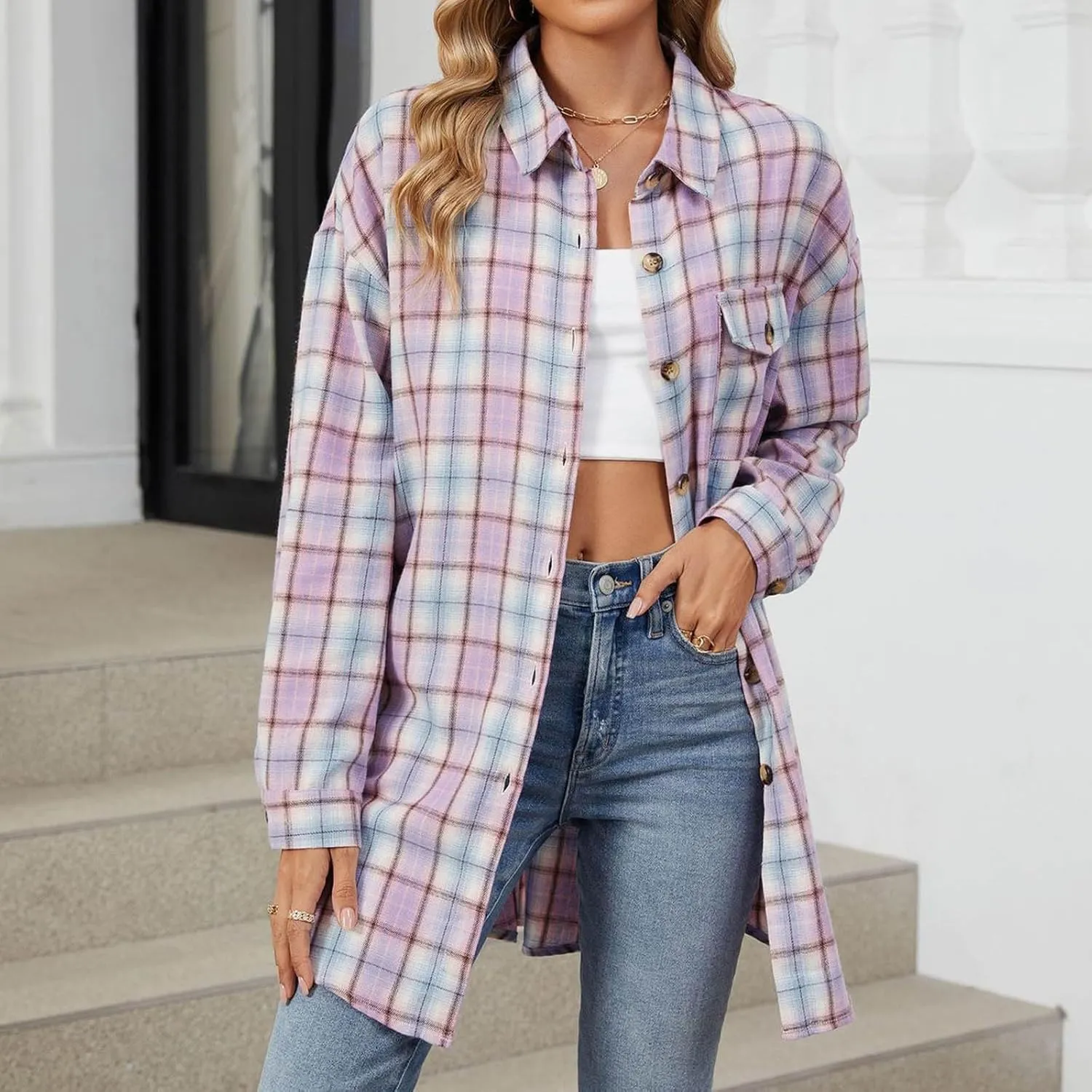 Flannel Plaid Shirts for Women Oversized Button Down Lapel Blouse Tops Long Sleeve Loose Casual Jackets with Pockets