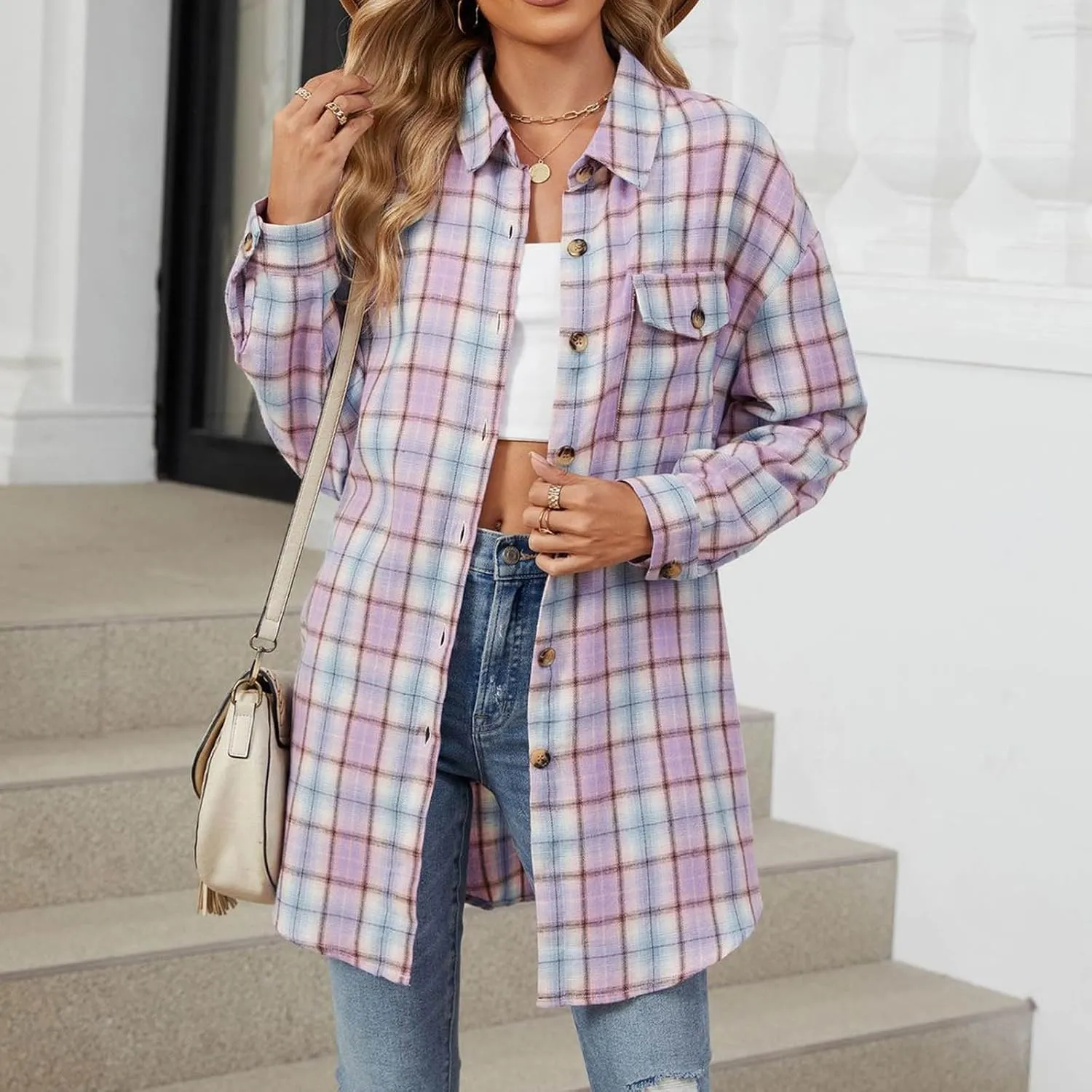 Flannel Plaid Shirts for Women Oversized Button Down Lapel Blouse Tops Long Sleeve Loose Casual Jackets with Pockets