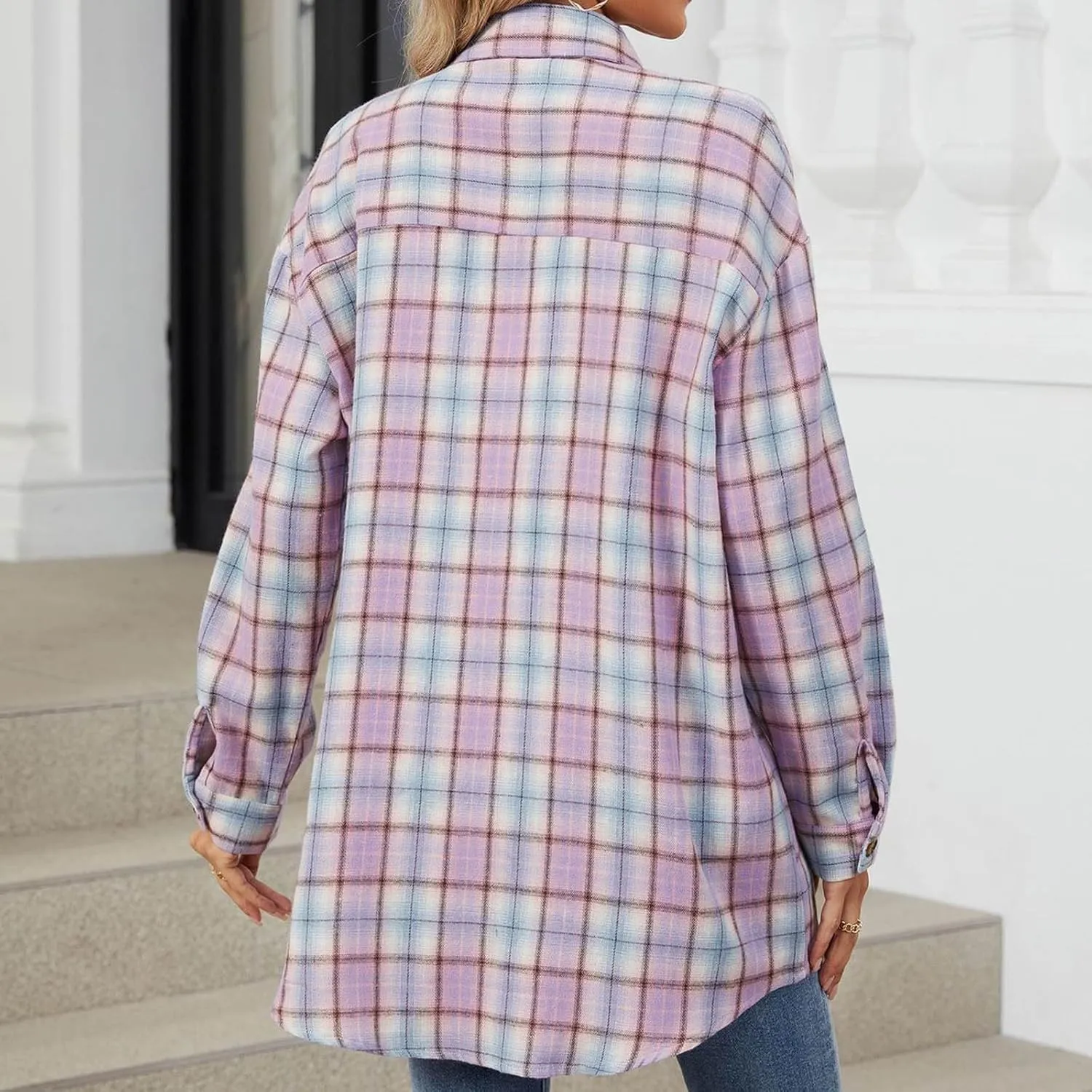 Flannel Plaid Shirts for Women Oversized Button Down Lapel Blouse Tops Long Sleeve Loose Casual Jackets with Pockets