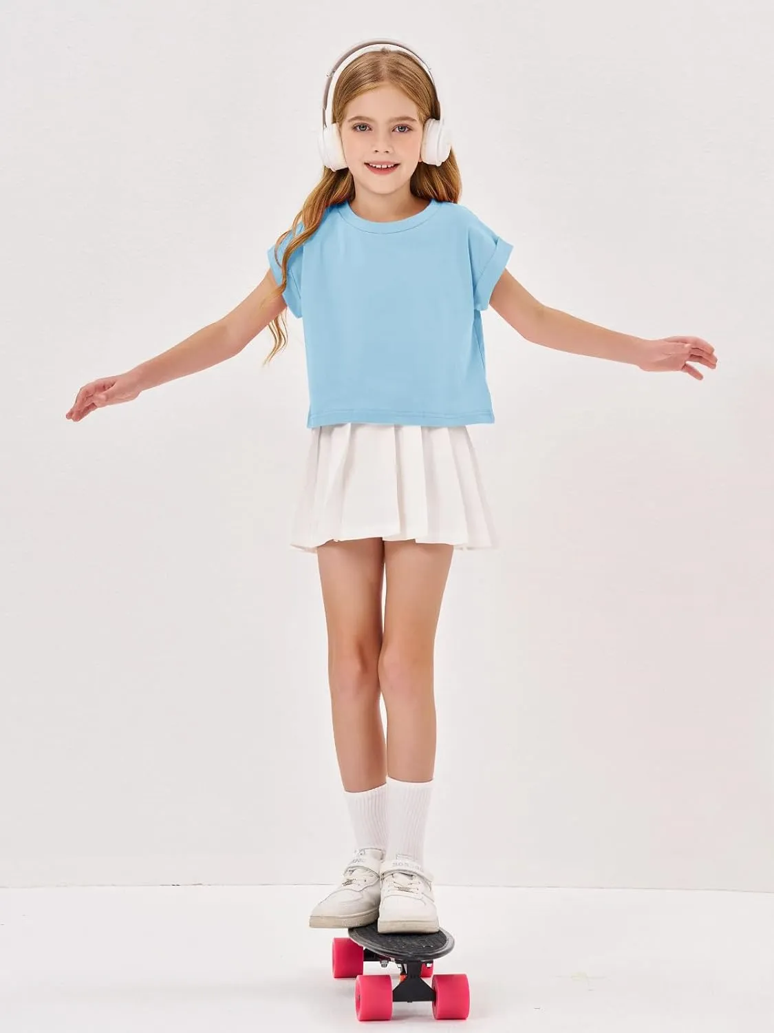 Haloumoning Girls Short Sleeve T-Shirts Crop Top Rolled Sleeve Round Neck Solid Loose Basic Tees for Summer