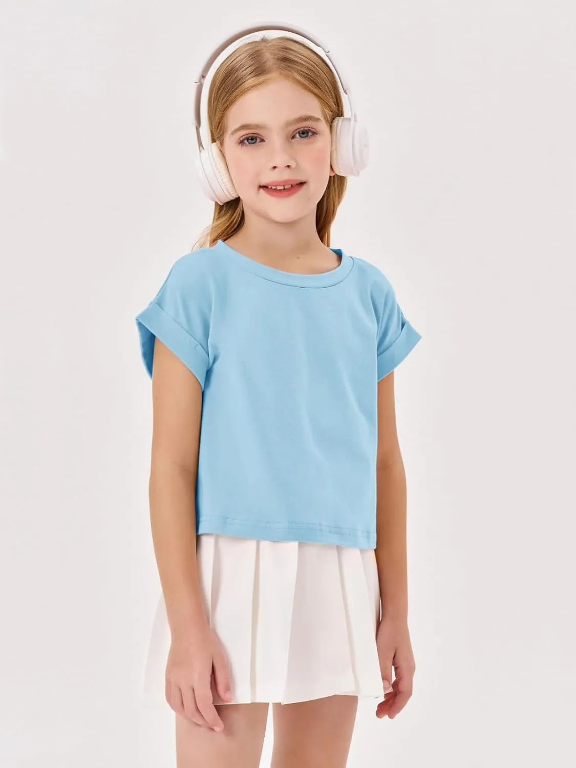 Haloumoning Girls Short Sleeve T-Shirts Crop Top Rolled Sleeve Round Neck Solid Loose Basic Tees for Summer