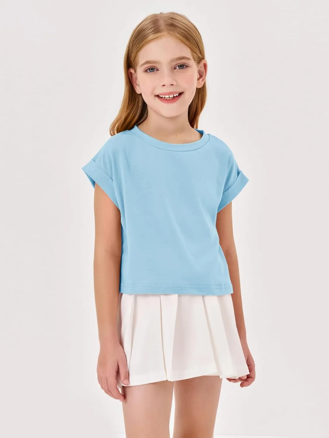 Haloumoning Girls Short Sleeve T-Shirts Crop Top Rolled Sleeve Round Neck Solid Loose Basic Tees for Summer