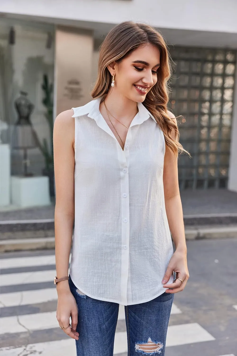 HOTOUCH Womens Sleeveless Button Down Shirt Collared Cotton Linen Blouse Casual Office Shirts Basic Tank Top