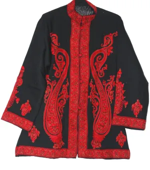 Kashmiri Woolen Jacket Black, Red Embroidery #AO-023