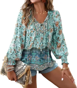 LONGBIDA Womens V Neck Boho Long Sleeve Top Shirts Drawstring Casual Elastic Cuffs Floral Print Blouses