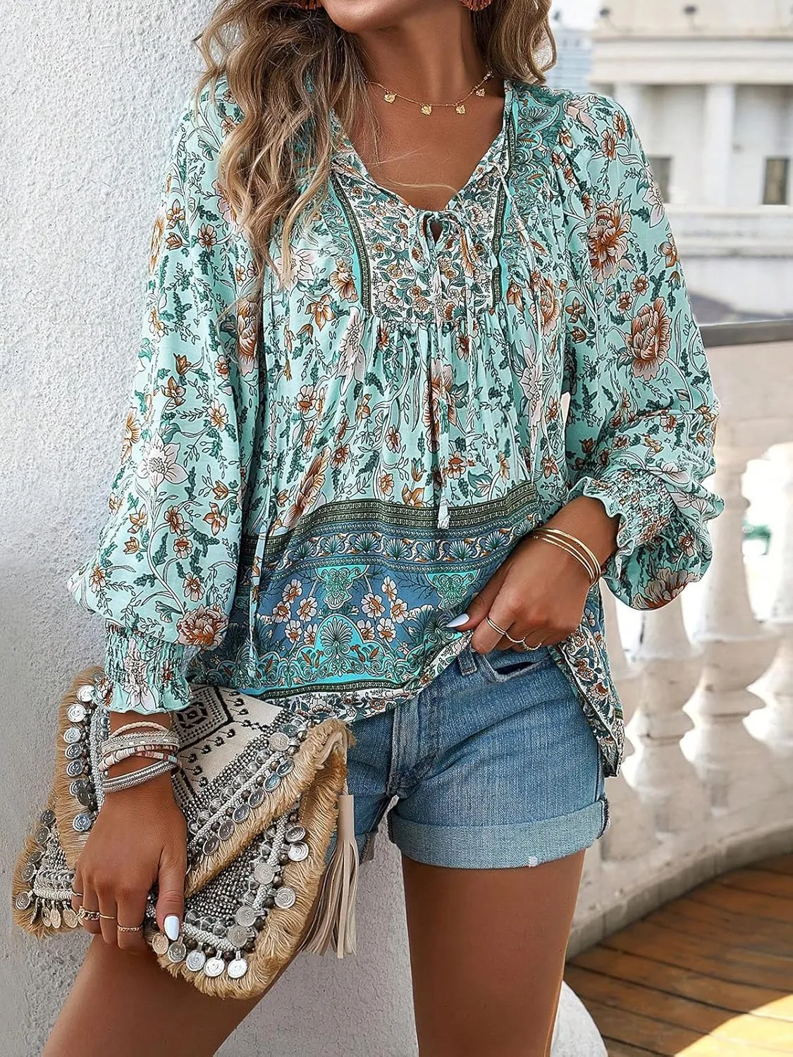 LONGBIDA Womens V Neck Boho Long Sleeve Top Shirts Drawstring Casual Elastic Cuffs Floral Print Blouses