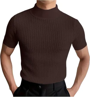Men Mock Turtleneck Tshirt Ribbed High Collar Short Sleeve Pullover Tops Spring Summer Basic Fitted Muscle Undershirt