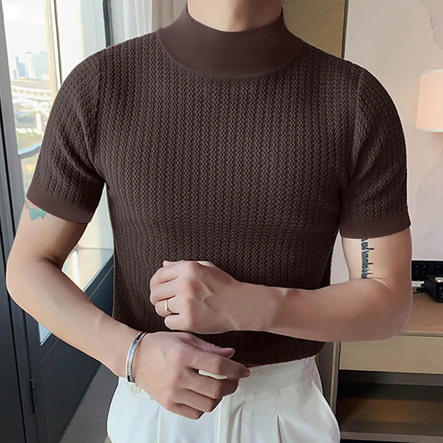 Men Mock Turtleneck Tshirt Ribbed High Collar Short Sleeve Pullover Tops Spring Summer Basic Fitted Muscle Undershirt