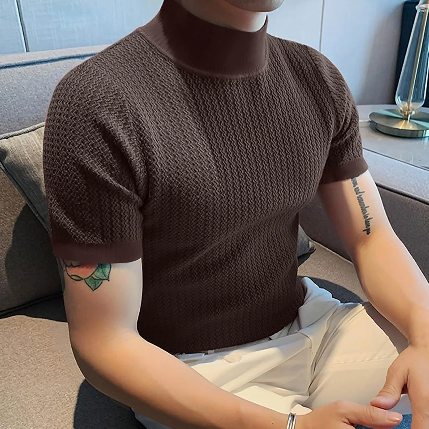 Men Mock Turtleneck Tshirt Ribbed High Collar Short Sleeve Pullover Tops Spring Summer Basic Fitted Muscle Undershirt
